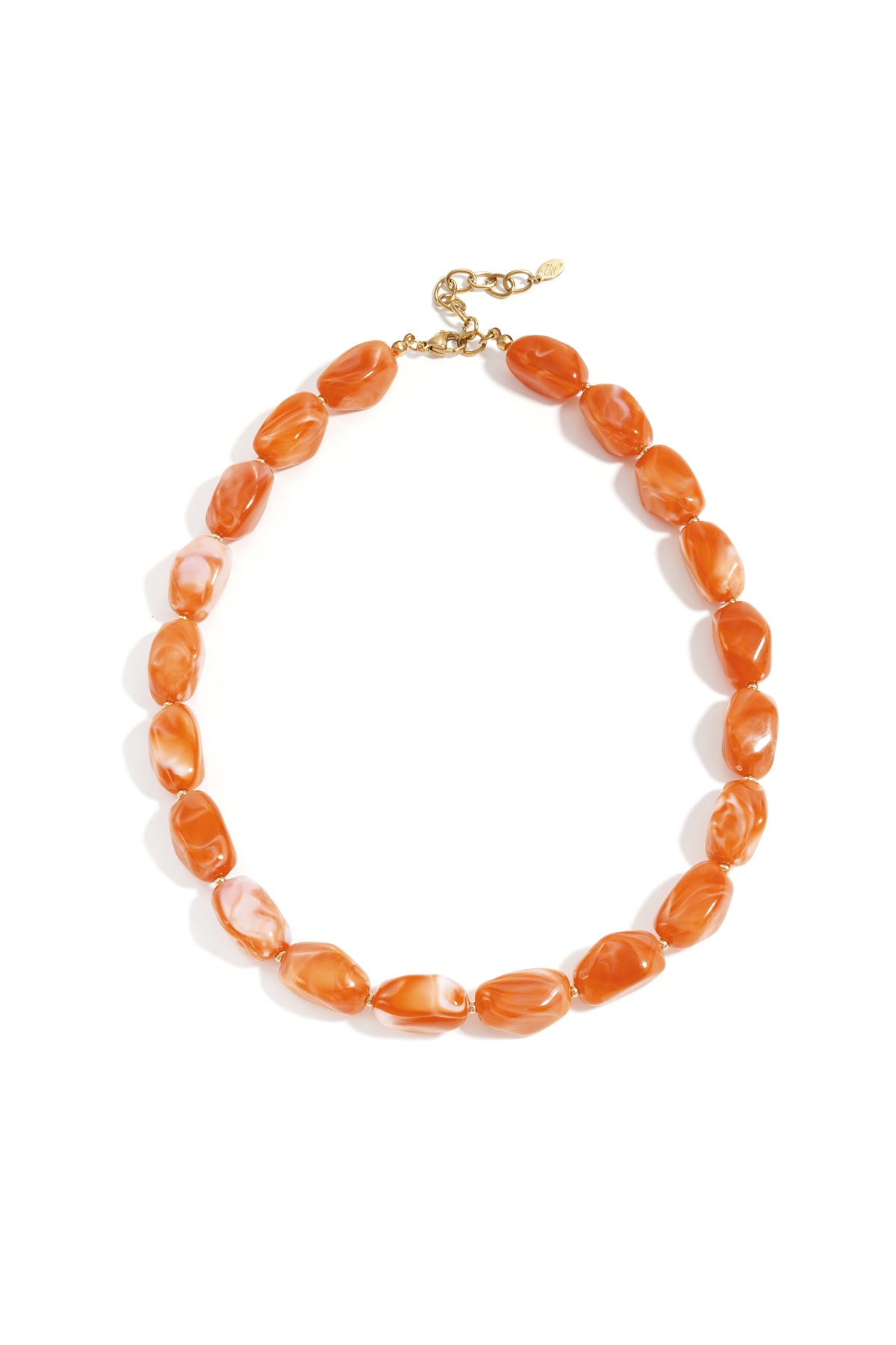Chocolate and amber chunky beaded necklace with glossy finish and gold clasp on white background