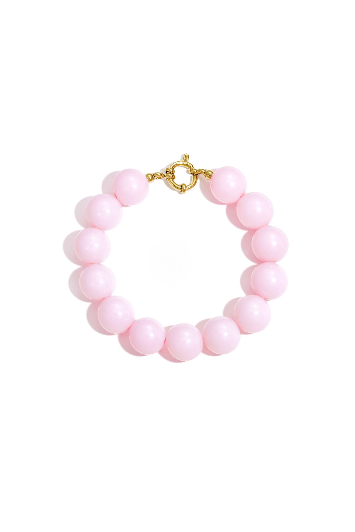 Light pink chunky beaded bracelet with polished resin beads and gold-tone clasp