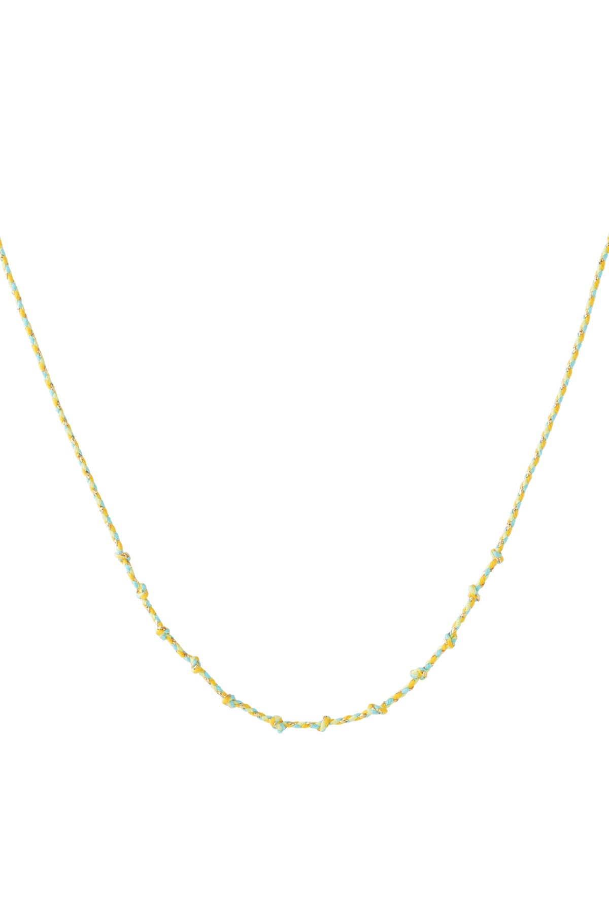 Yellow and turquoise knotted cotton necklace with gold accents laid flat on white background