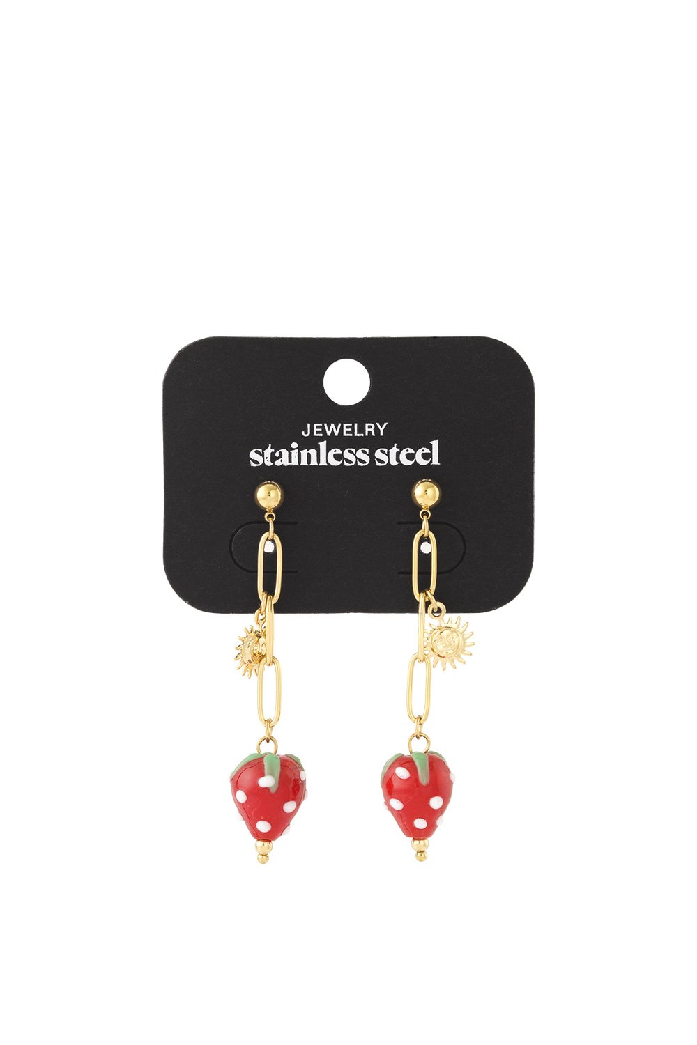 Gold stainless steel drop earrings featuring strawberry charms and small sun pendants on long link chains.