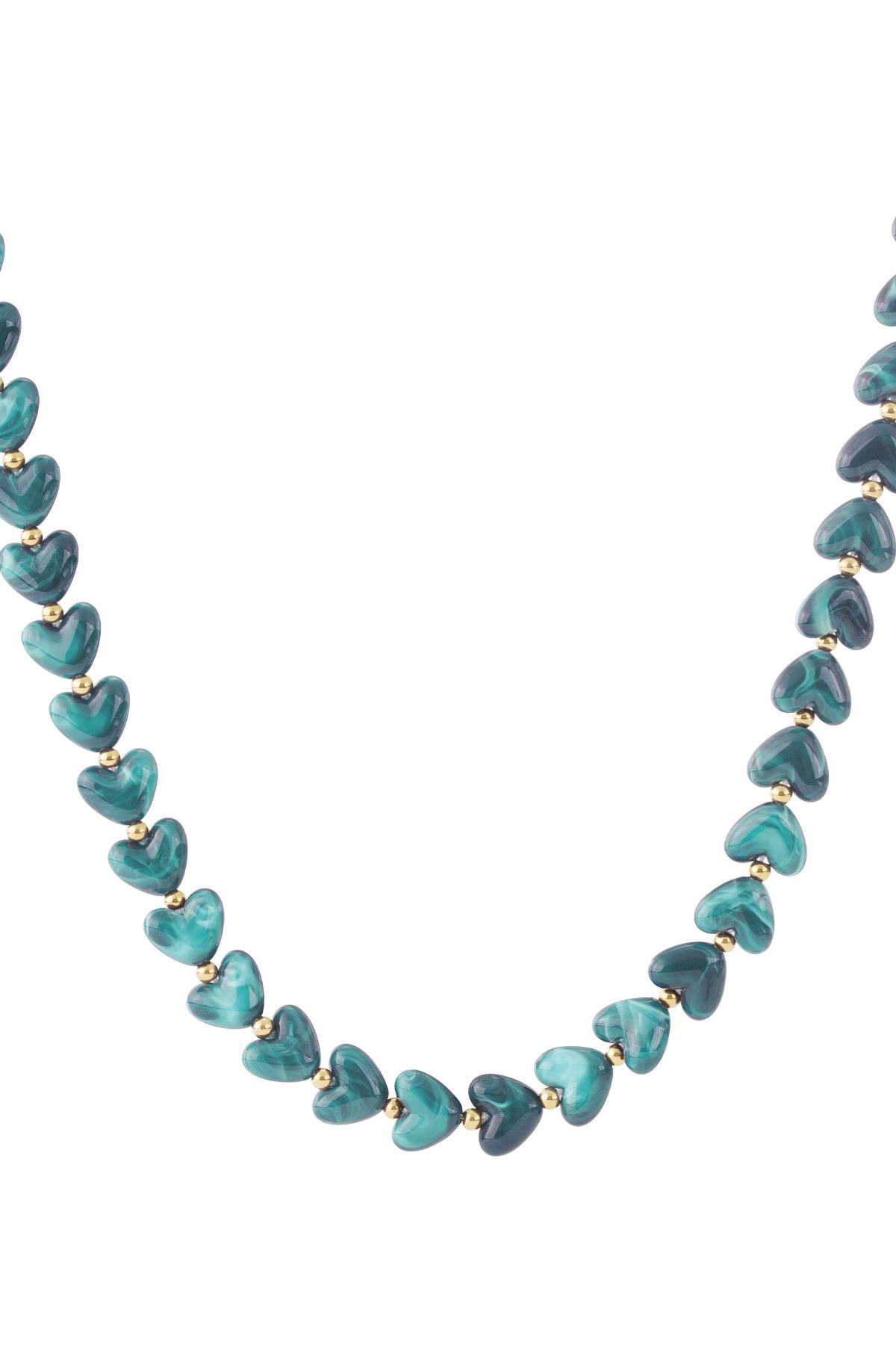 Dark brown marbled heart bead necklace with gold spacers on white background