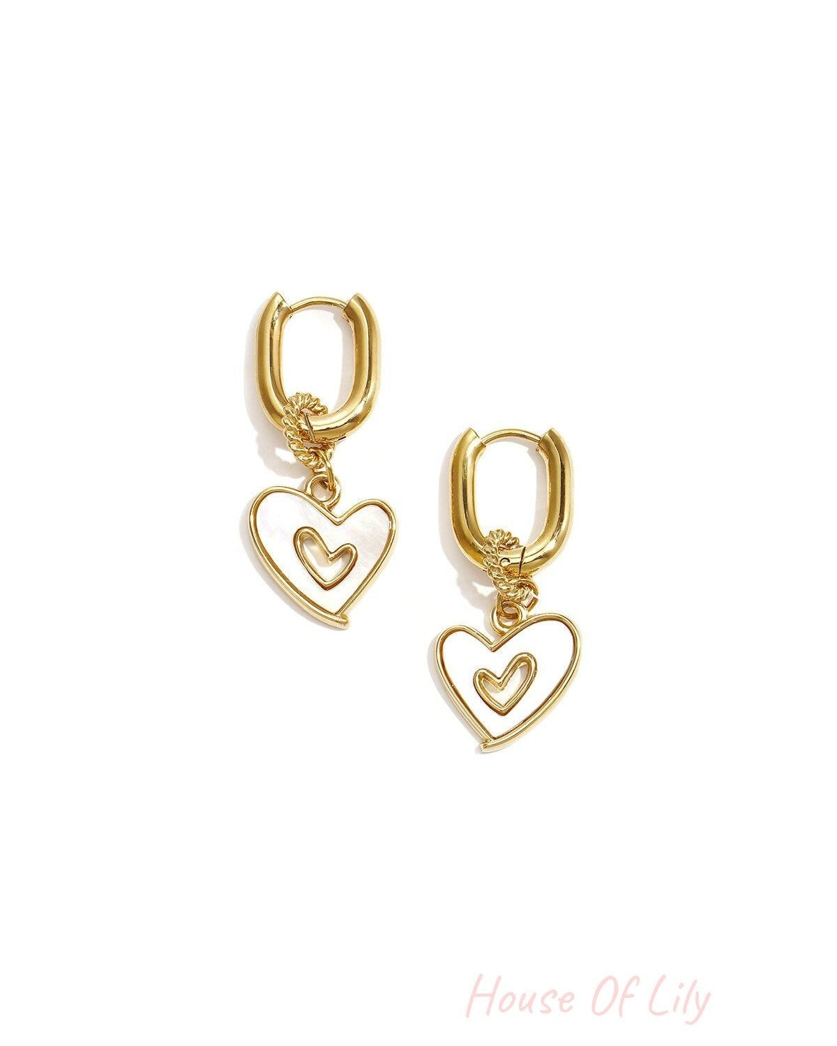 Squoval earrings with dangling mother-of-pearl hearts