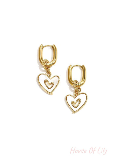 Squoval earrings with dangling mother-of-pearl hearts