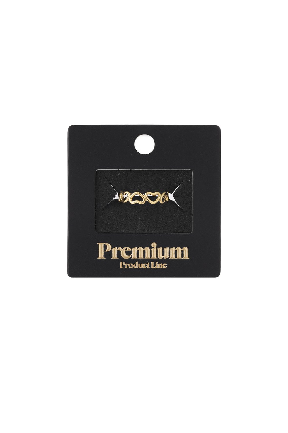 Golden Heart Era gold-tone ring featuring a delicate band of interconnected cutout heart shapes on a black display card.
