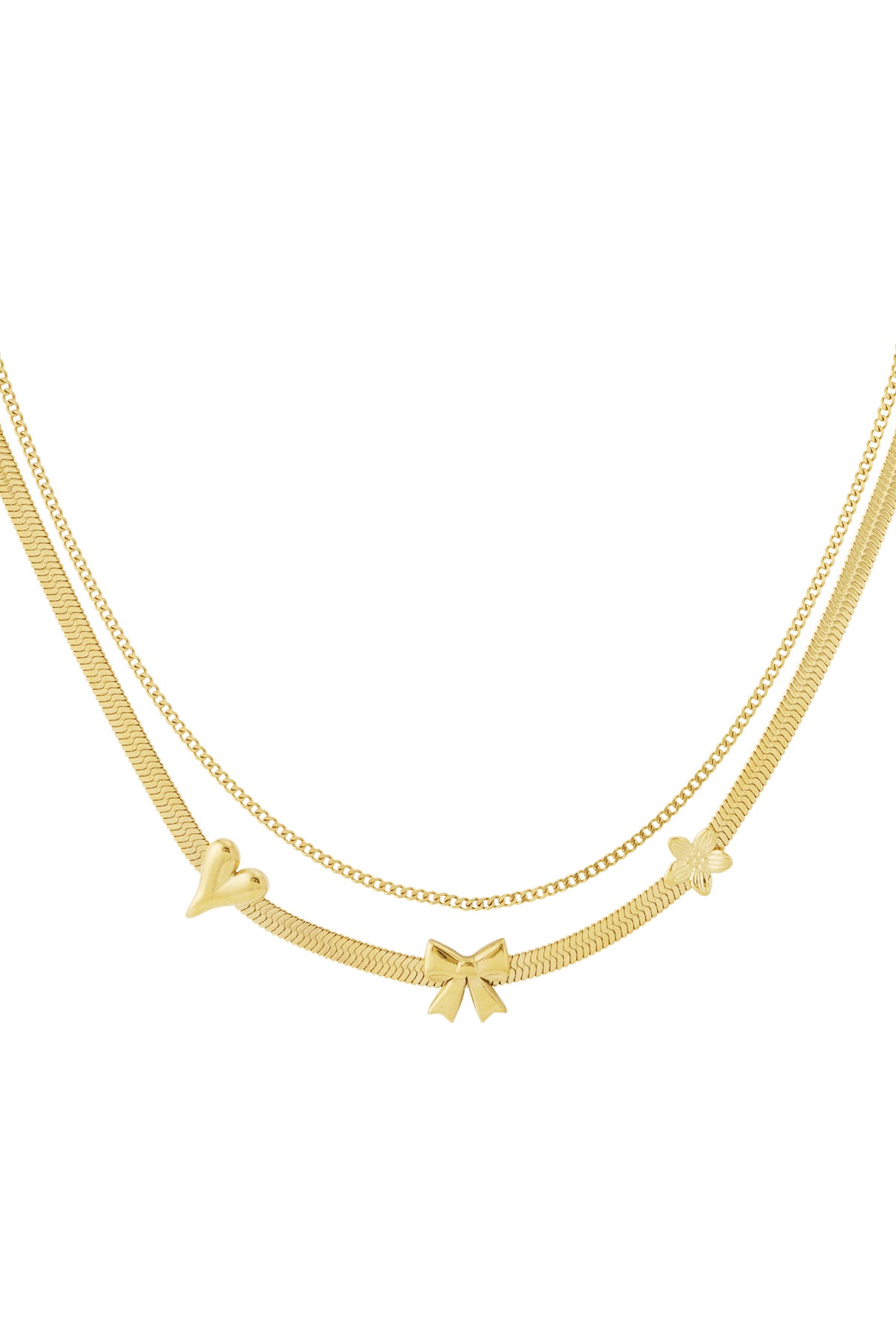 Gold layered charm necklace with heart, bow, and flower pendants on white background