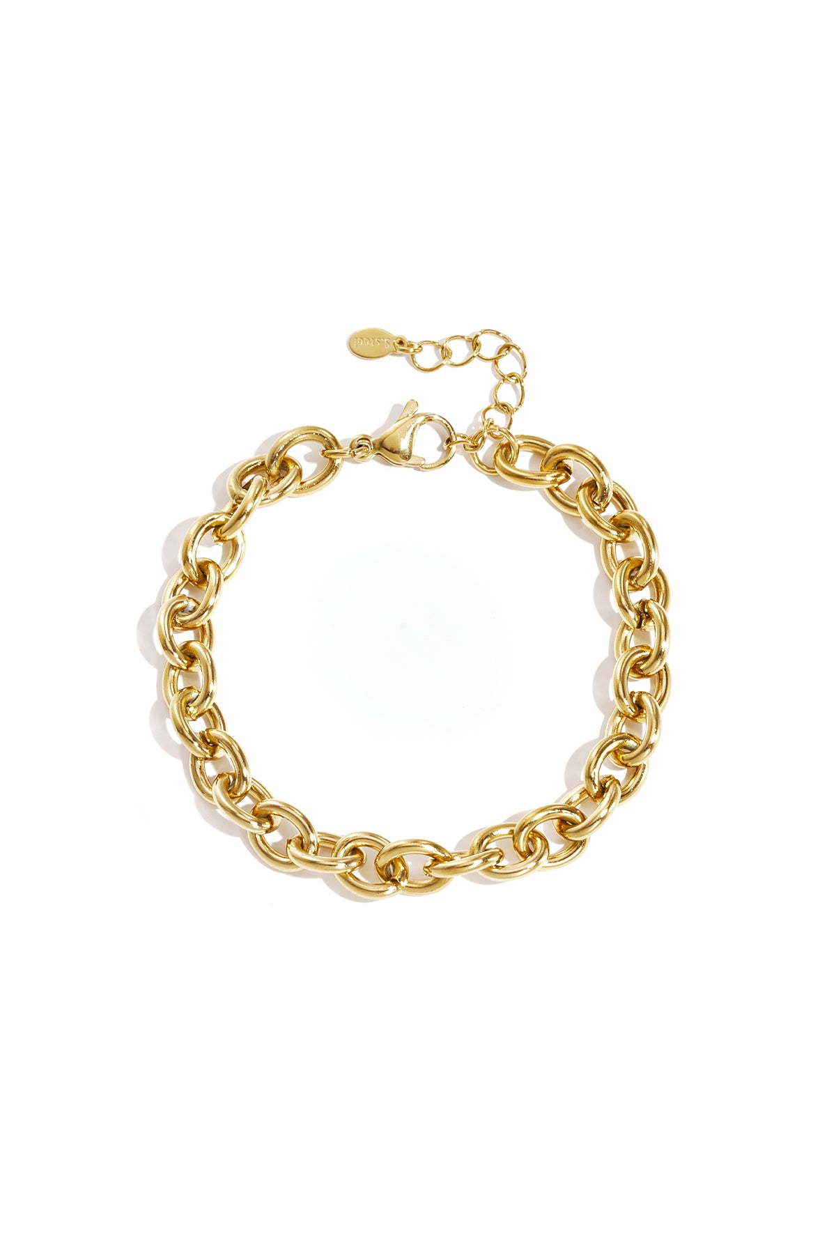 Gold link chain bracelet with oval interlocking links and lobster clasp with adjustable chain on white background