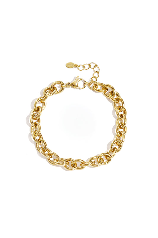 Gold link chain bracelet with oval interlocking links and lobster clasp with adjustable chain on white background