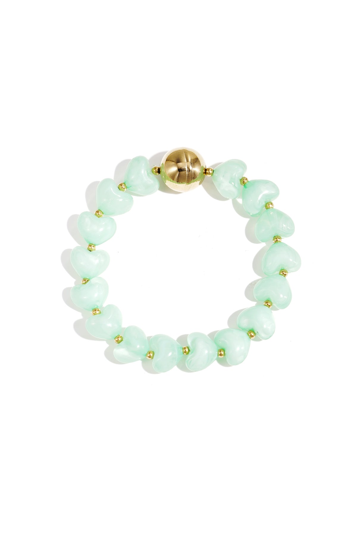 Mint green heart-shaped acrylic beaded bracelet with gold bead accent on white background
