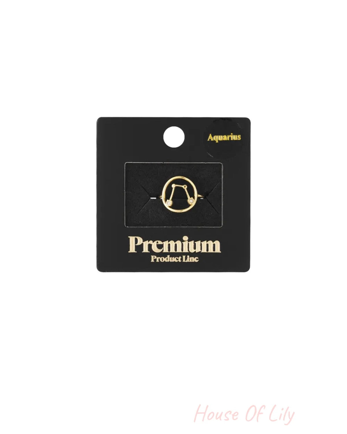 Gold ring with Aquarius constellation design on a black display card.