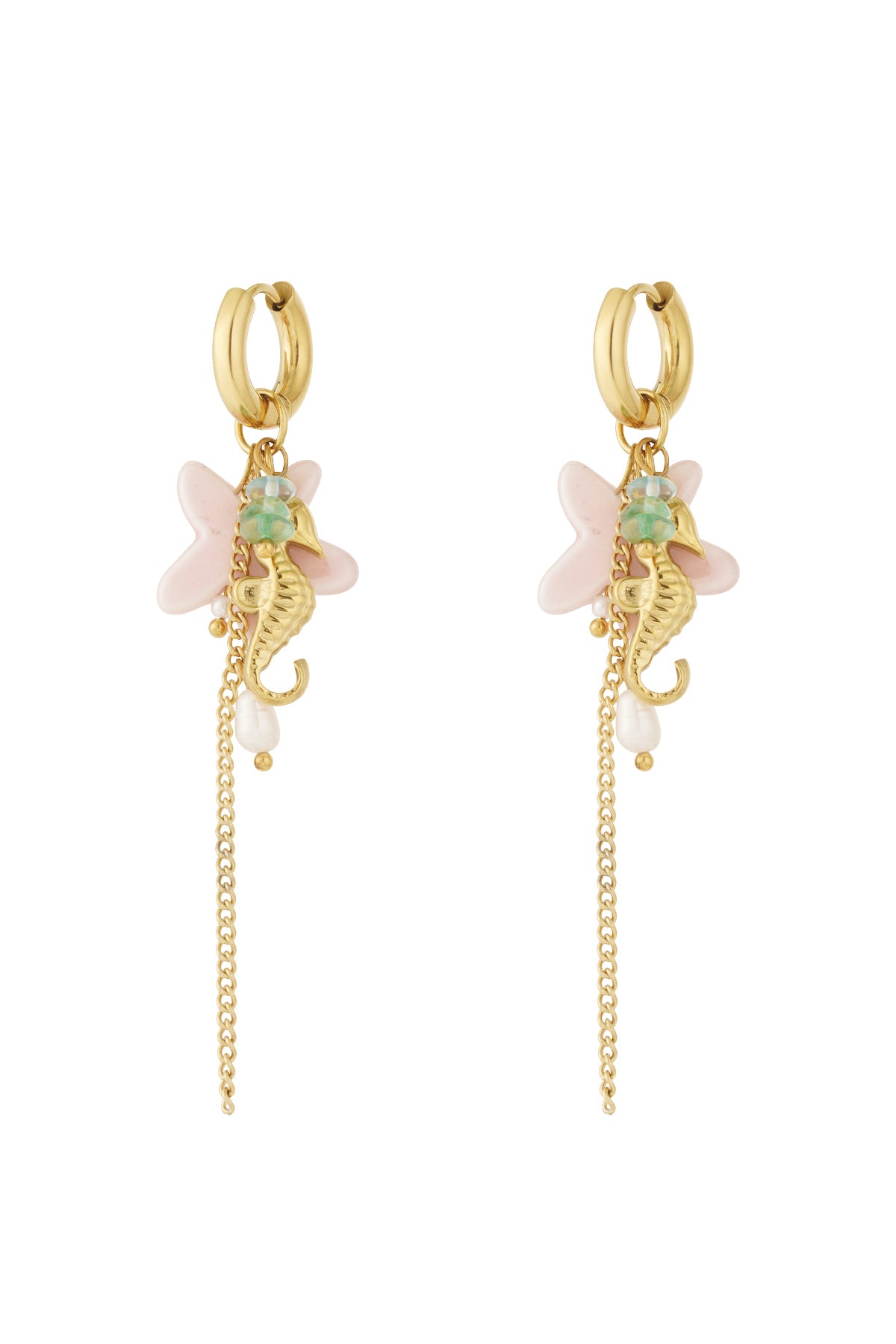 Pair of gold-tone hoop dangle earrings featuring a seahorse charm, pink starfish, pearl drops, and a delicate chain.
