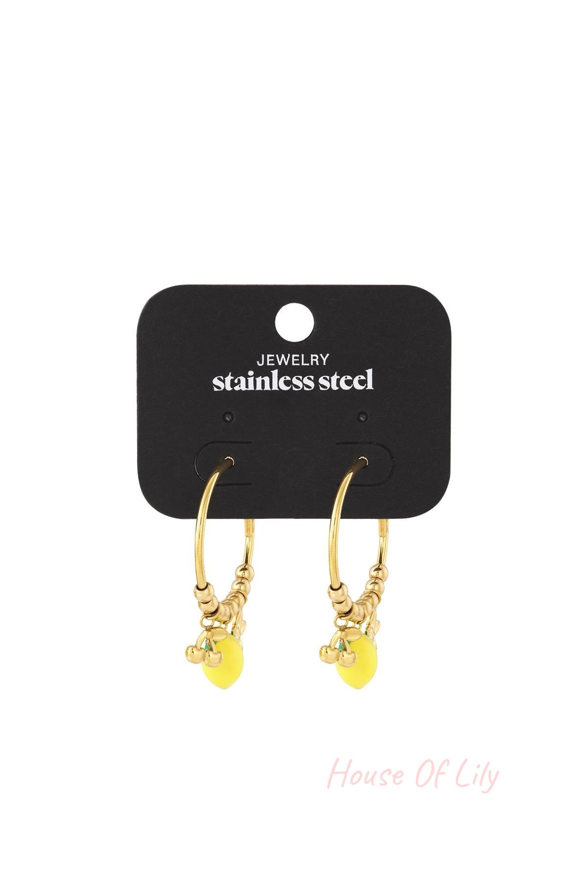Gold earrings with yellow accents on a black jewelry card with 'stainless steel' text.