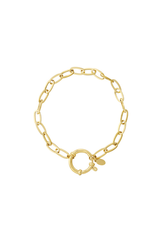 Gold chain bracelet with elongated links and a bold toggle clasp on a white background