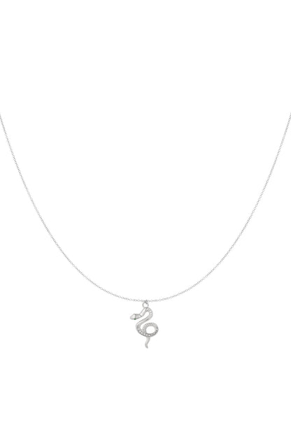 Silver snake pendant necklace on white background