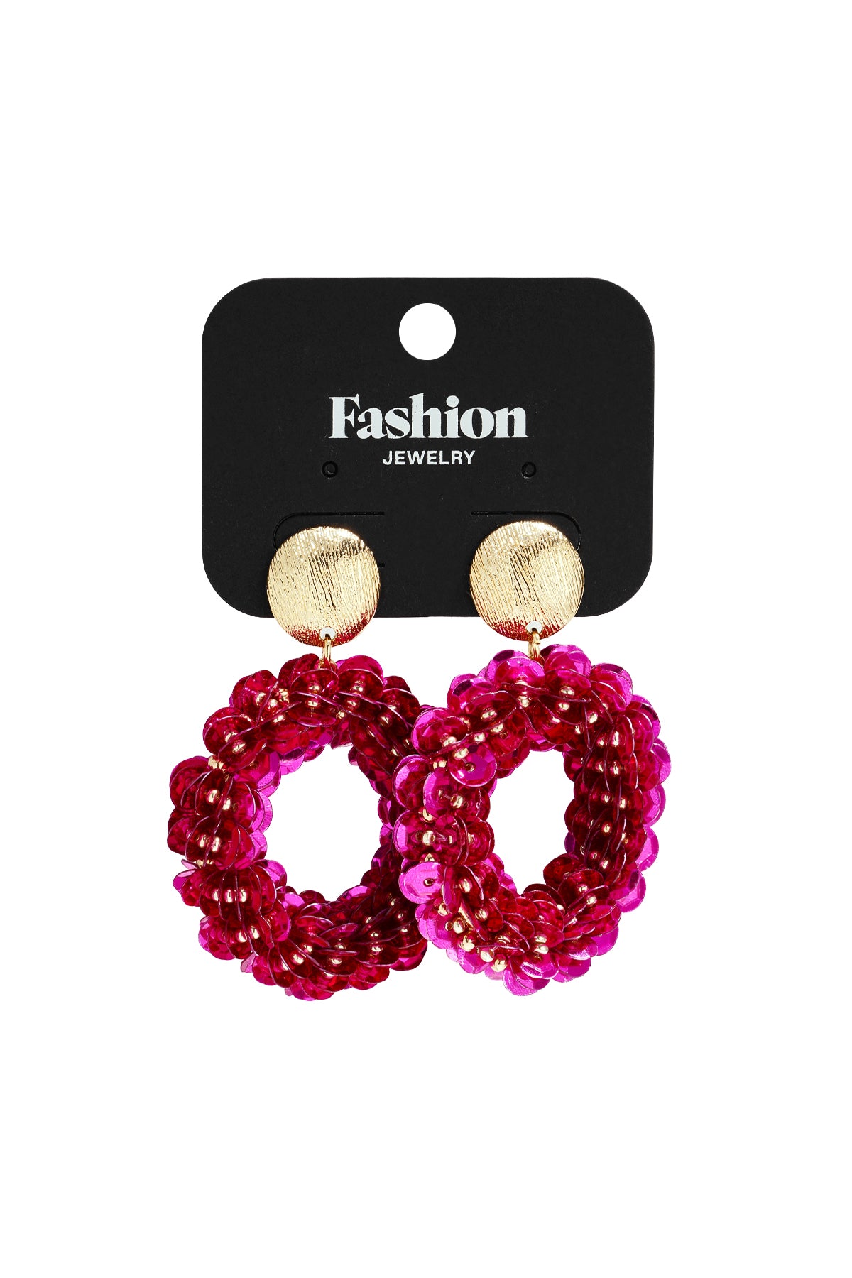 Drip In Disco earrings featuring vibrant fuchsia sequined hoops suspended from brushed gold circular studs.