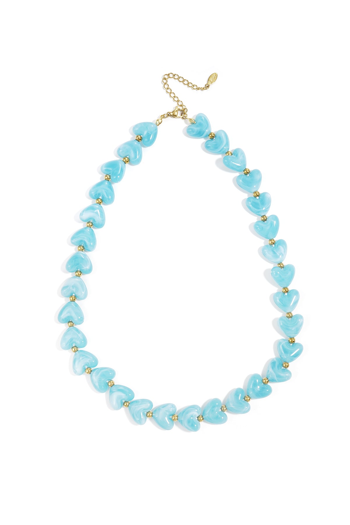 Heart Beaded Necklace with light blue marbled heart-shaped beads alternating with small gold spheres on a gold chain.