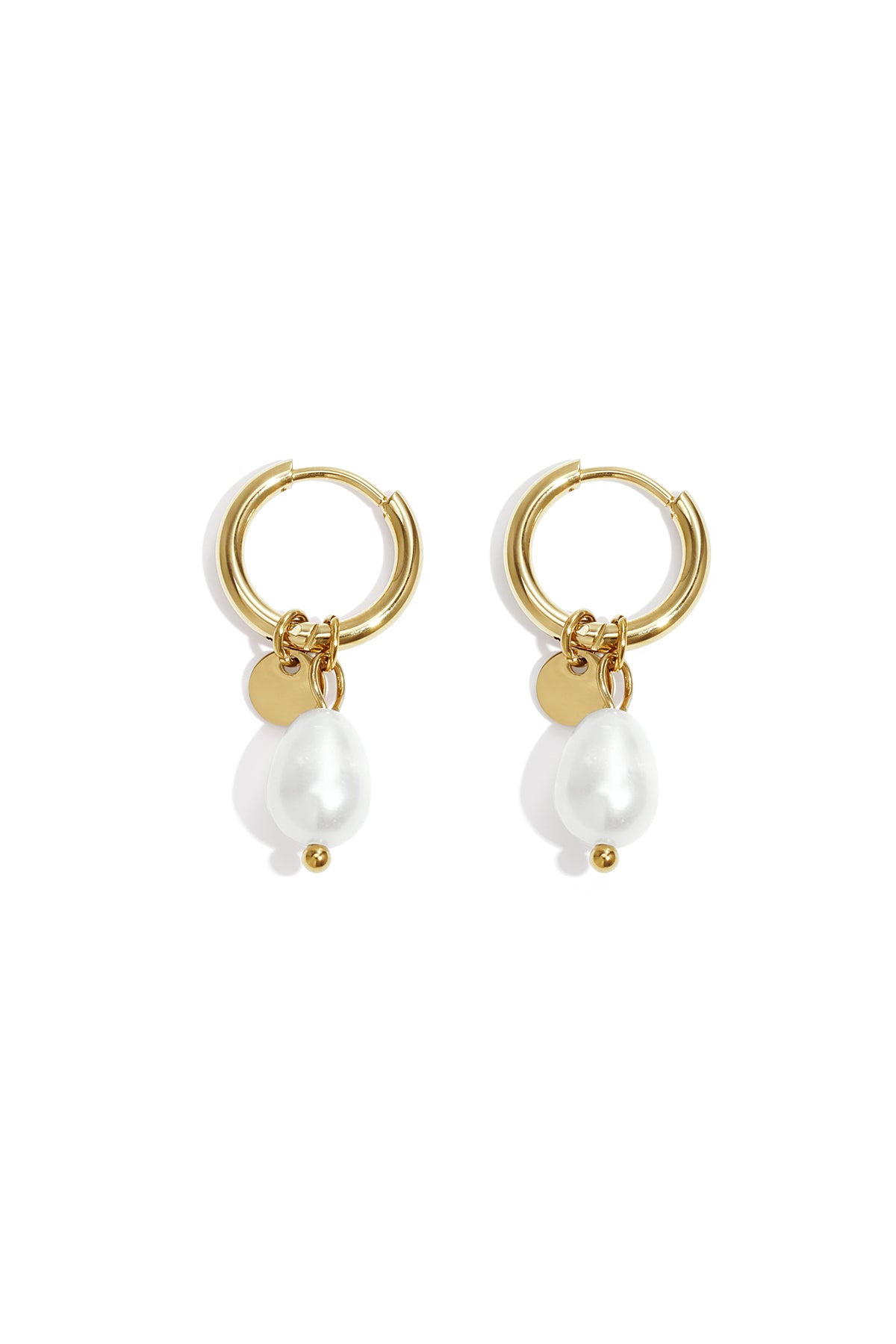 Pair of gold hoop earrings with dangling irregular-shaped white pearls and small gold discs on white background