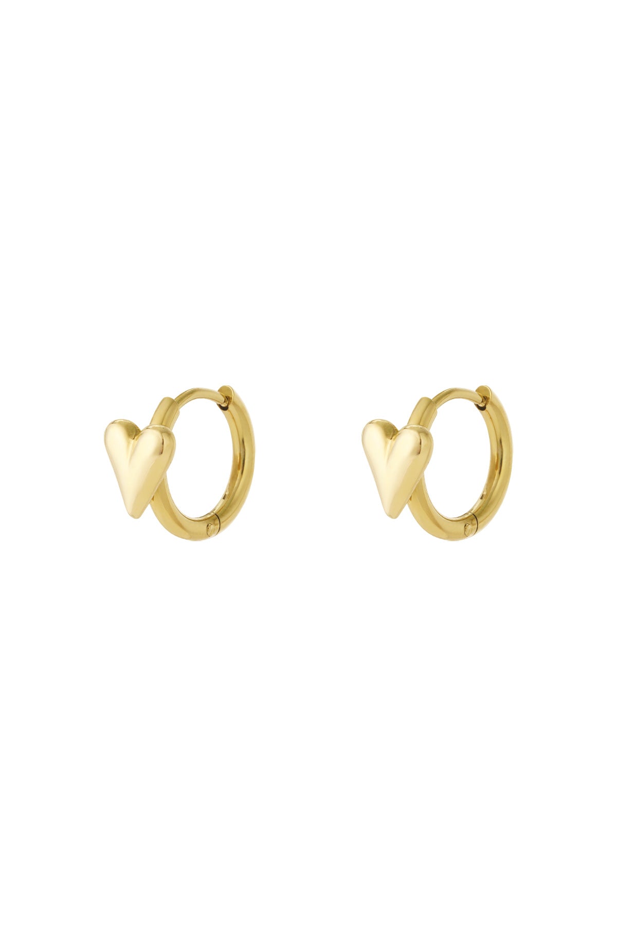 Pair of gold heart hoop earrings displayed on white background