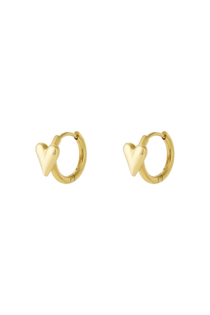 Pair of gold heart hoop earrings displayed on white background