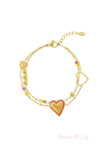 Gold-plated double-chain bracelet featuring multiple heart-shaped charms and colorful pink and yellow beads on a white background