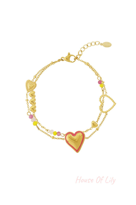 Gold-plated double-chain bracelet featuring multiple heart-shaped charms and colorful pink and yellow beads on a white background