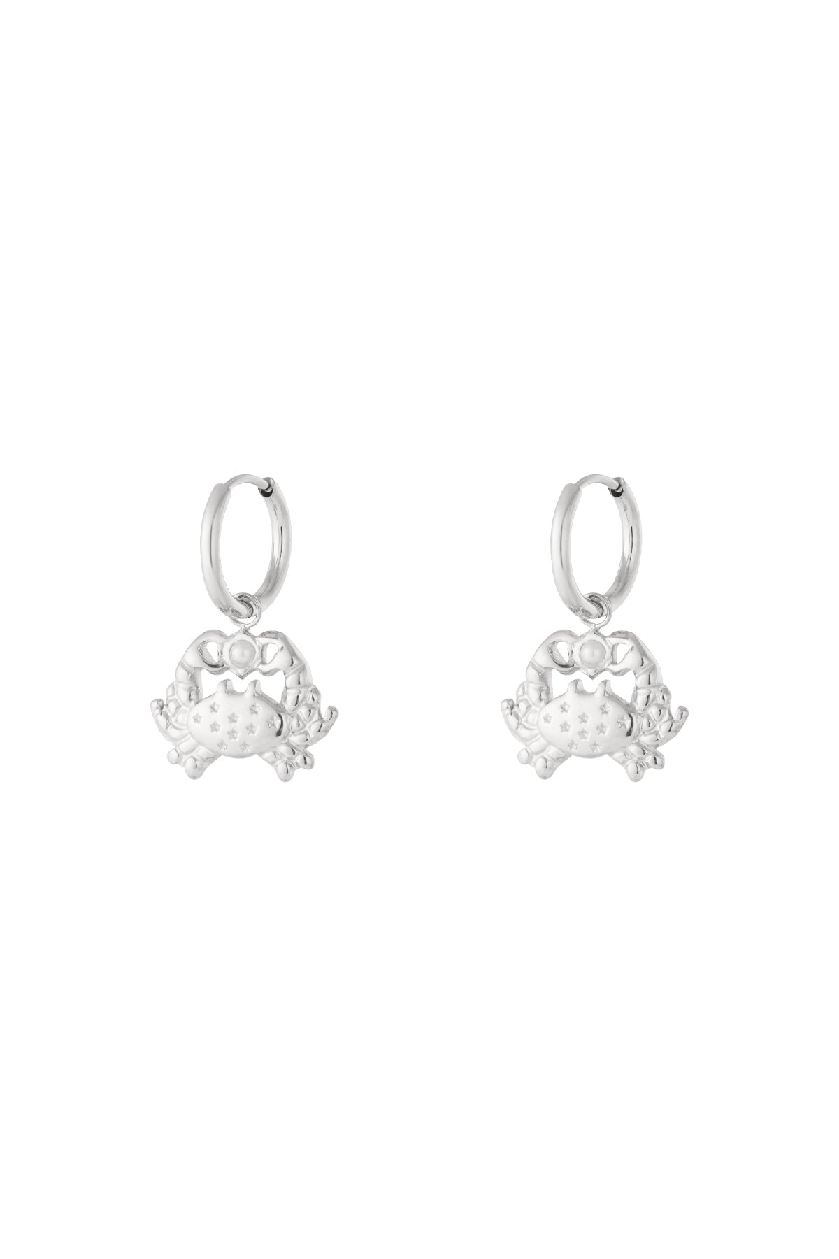 Pair of silver crab-shaped drop hoop earrings with star engravings and pearl detail.