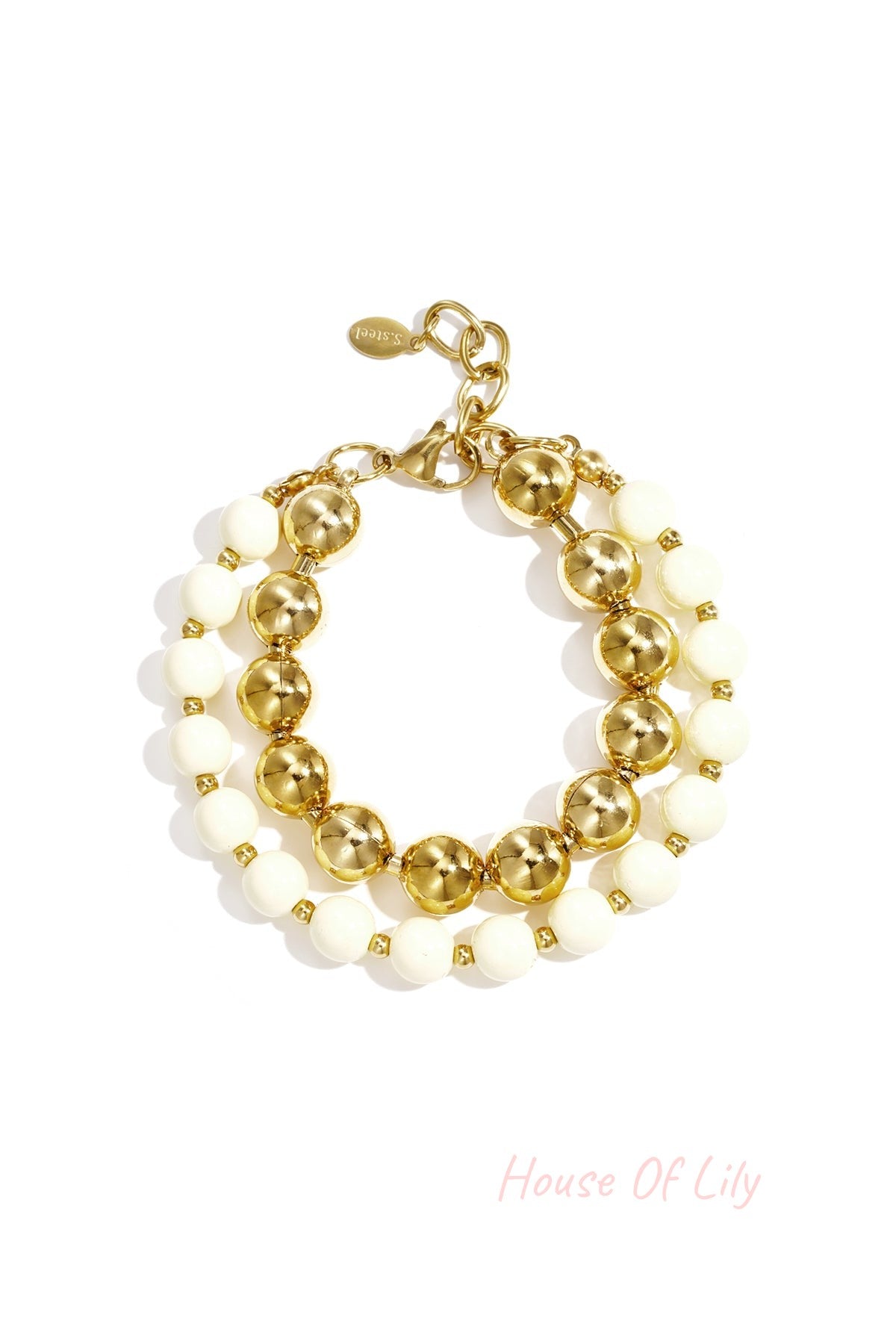 Vibrant Beaded Duo Bracelet featuring two layers of alternating cream and metallic gold spherical beads on a gold chain.