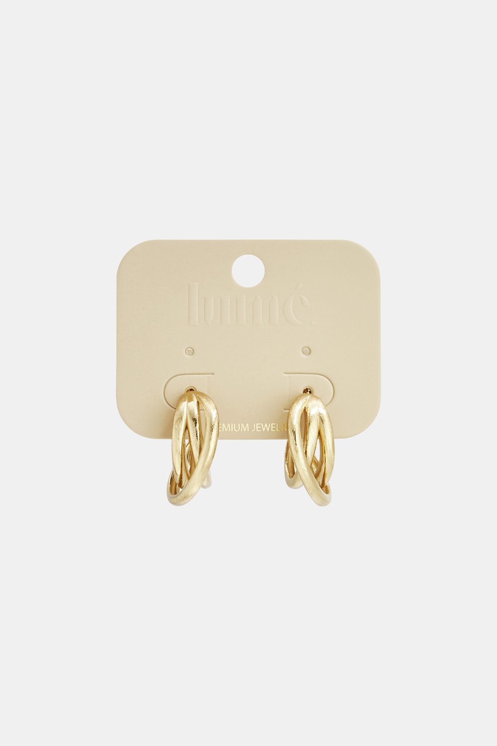 Gold-tone interlocking hoop earrings with a textured, modern finish on a Lummé branded display card.