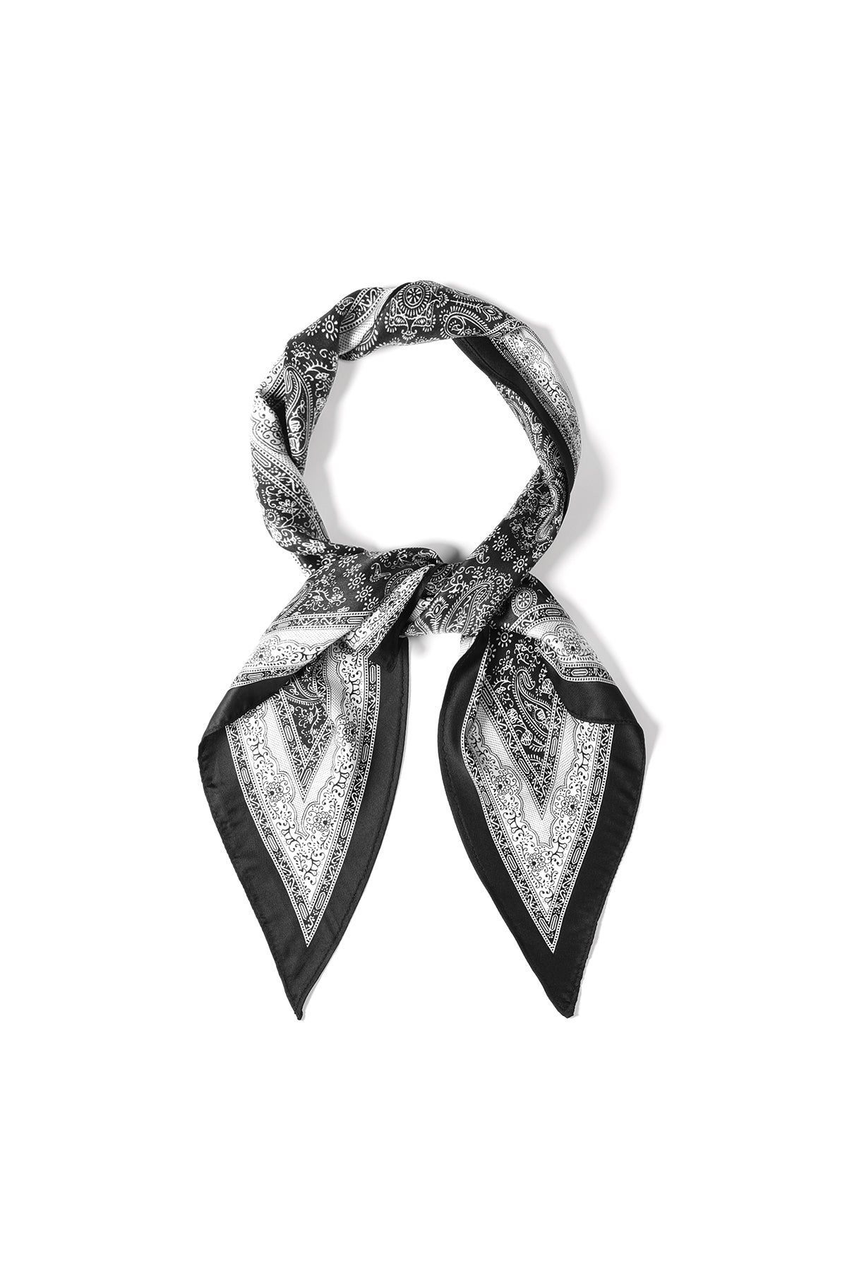 Black and white paisley scarf with satin finish tied in a simple knot on white background