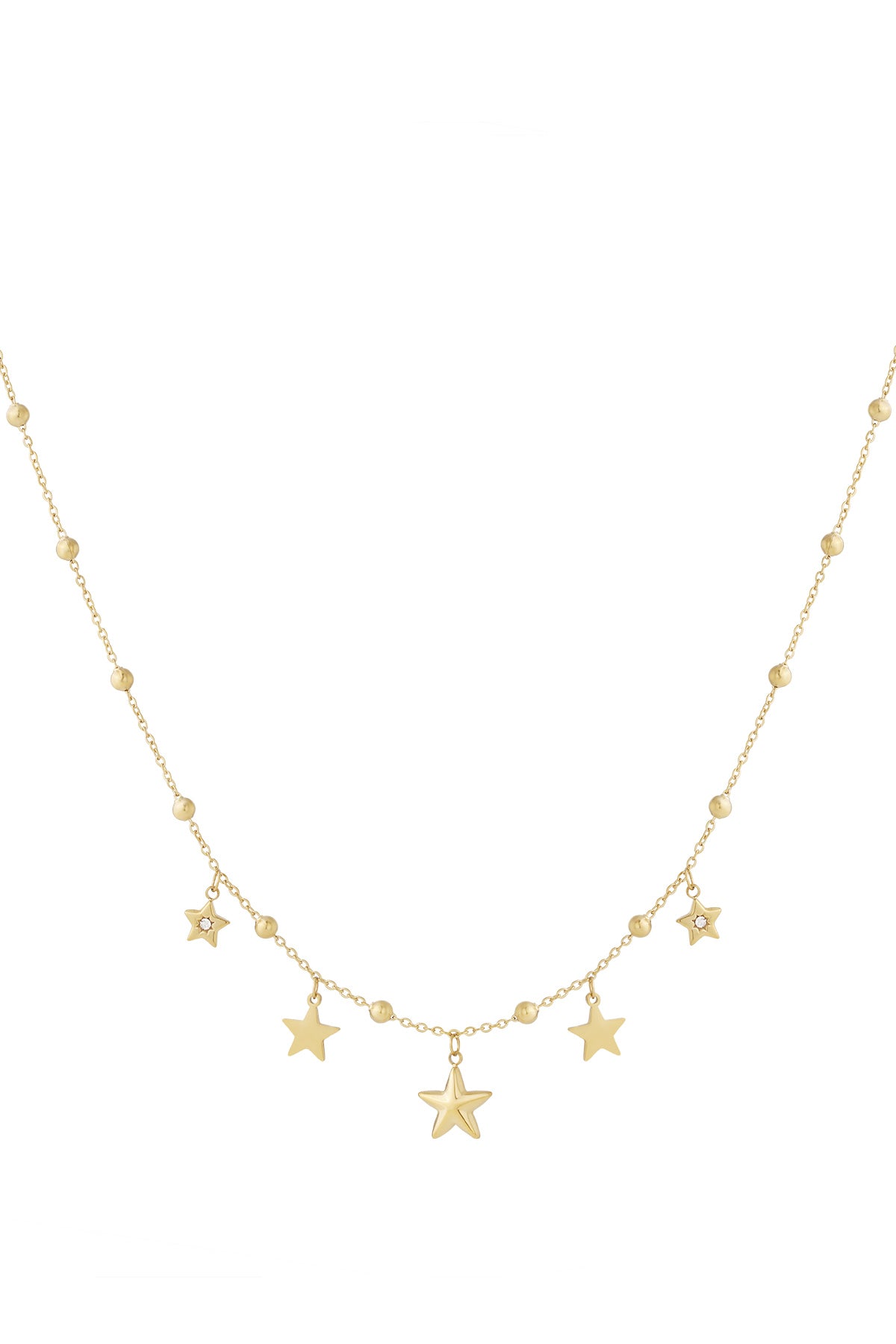 Gold star charm pendant necklace with small beads on chain, isolated on white background