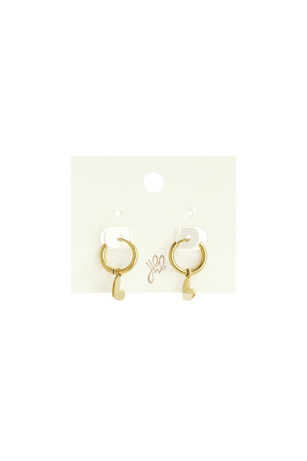 Gold-tone hoop earrings featuring small, minimalist heart-shaped charms, displayed on a white product card.