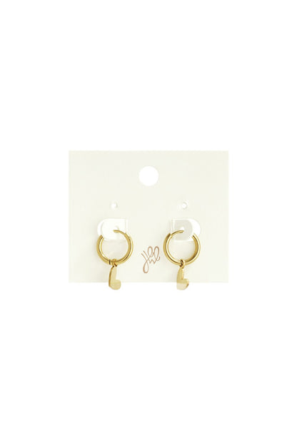 Gold-tone hoop earrings featuring small, minimalist heart-shaped charms, displayed on a white product card.