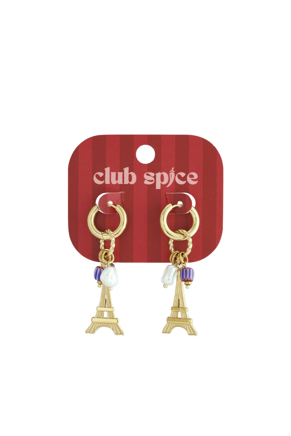 Gold hoop earrings with Eiffel Tower charms, pearl accents, and striped purple beads on a red display card.