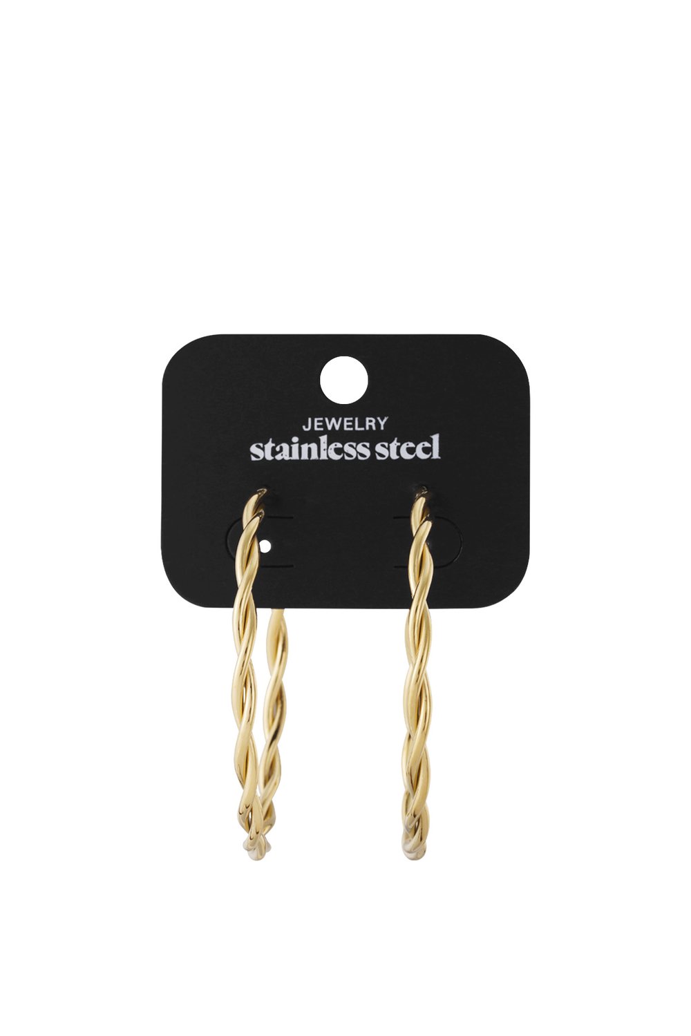 Twisted gold-tone stainless steel hoop earrings on a black display card against a white background.