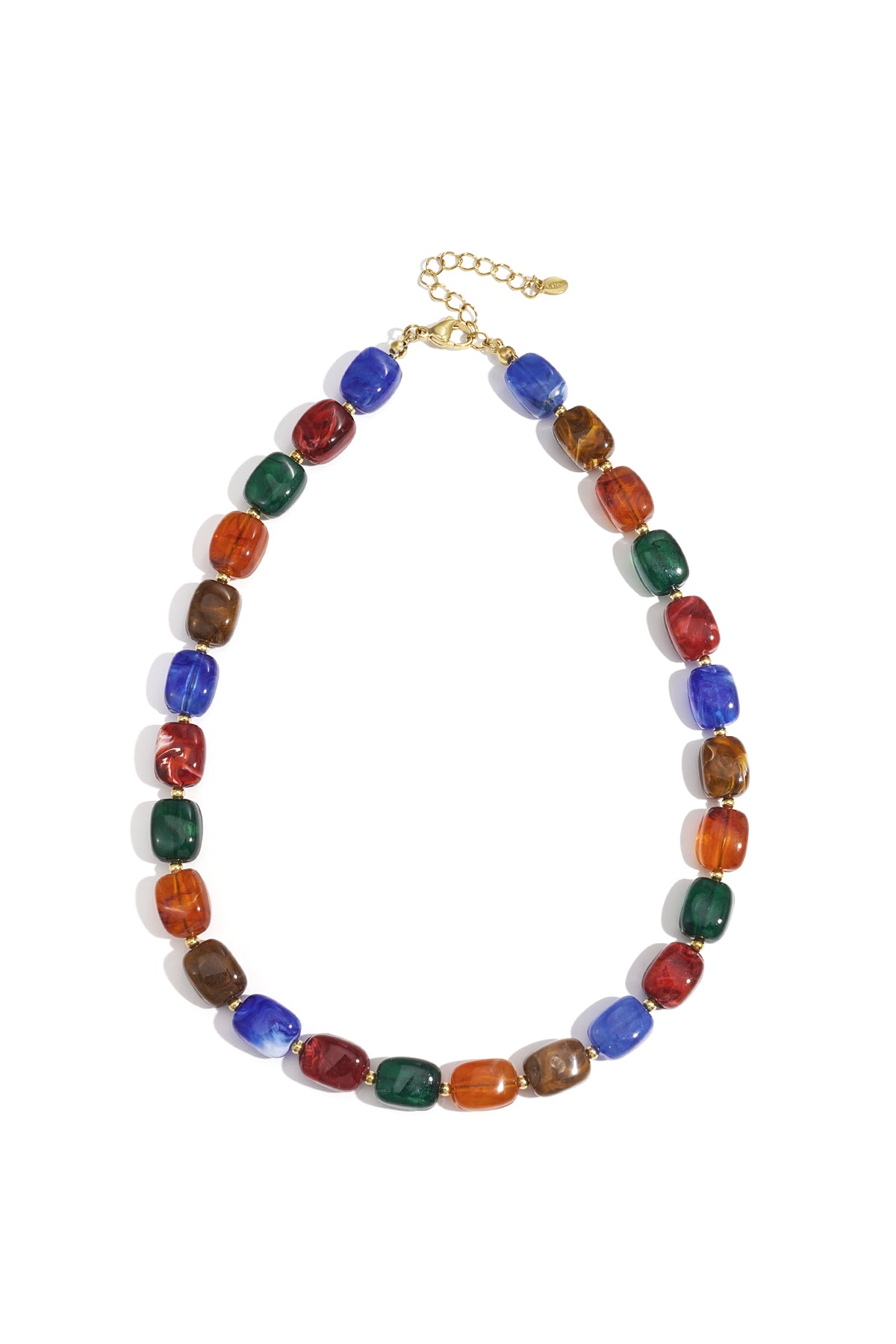 Flat lay of chunky brown marbled rectangular acrylic beaded necklace with gold-tone clasp and extender