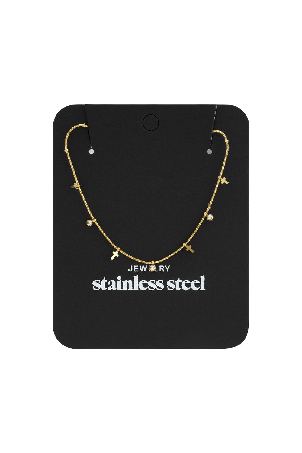 Golden Hour Icon necklace: Gold stainless steel chain with alternating cross charms and clear round crystals.
