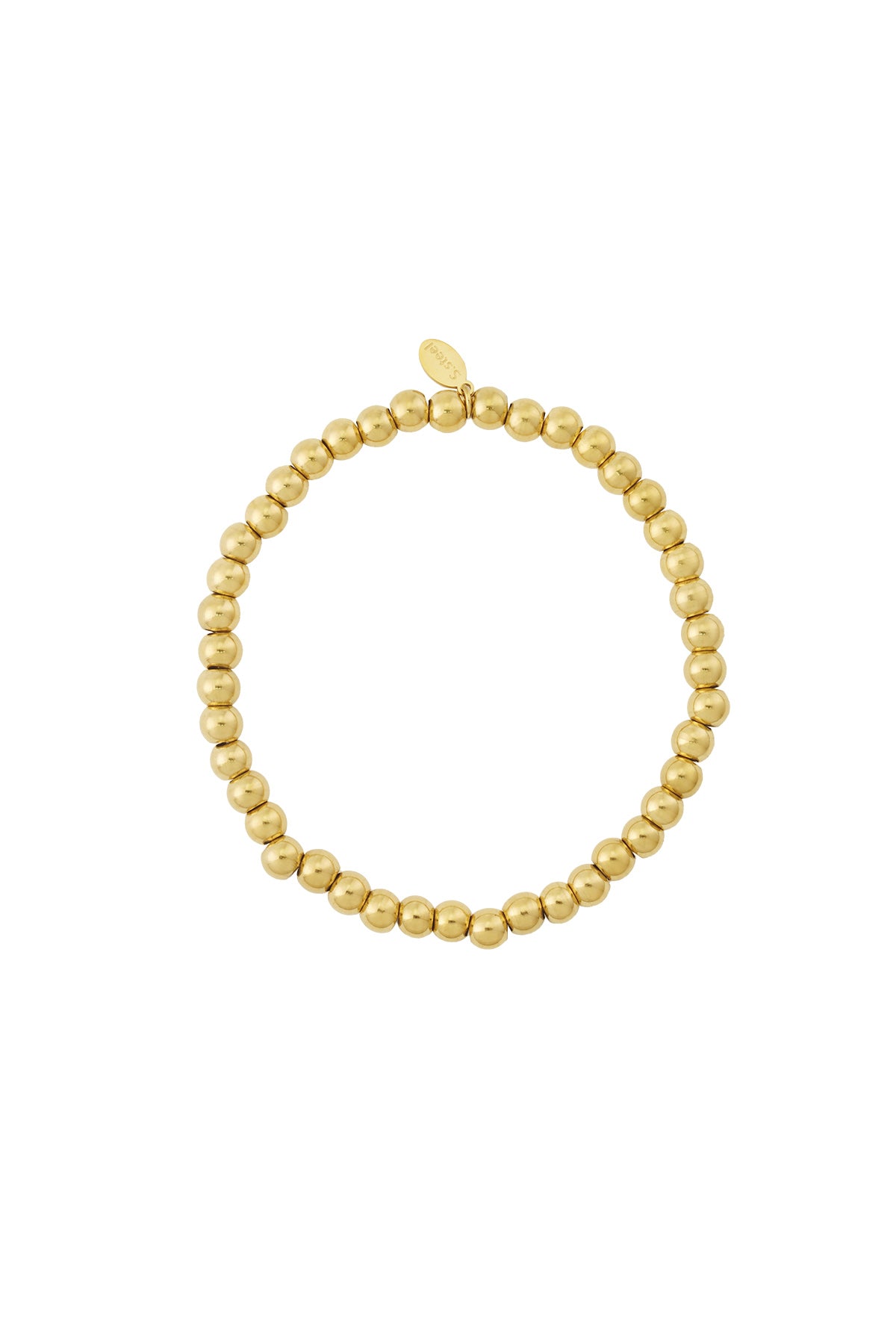 Gold beaded stretch bracelet with polished round beads on a white background