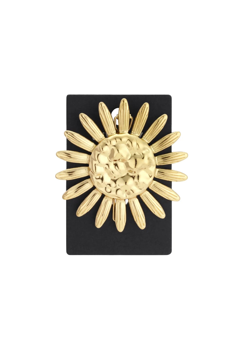 Gold-tone sunflower brooch featuring a textured center and elongated petals on a black display card.