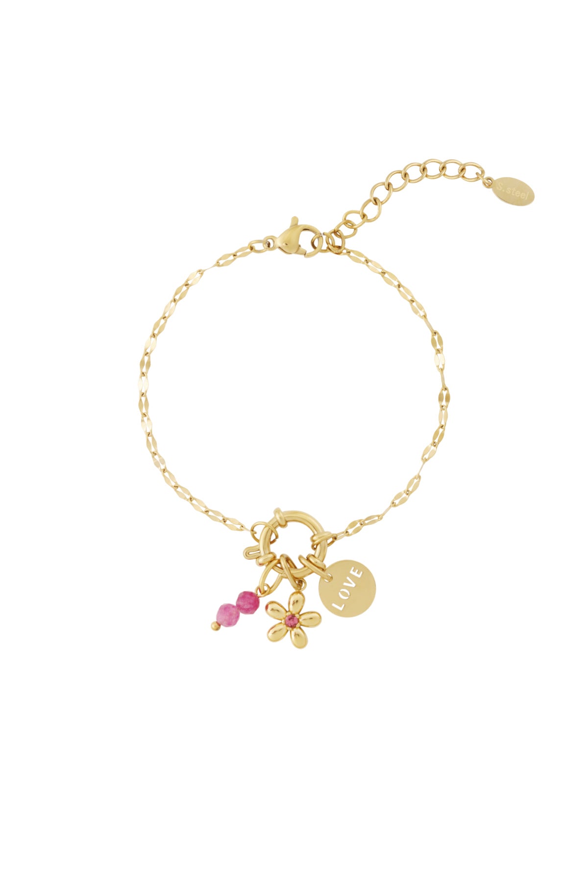 Gold charm bracelet worn with pink flower enamel charm, love disc, pink beads on white background