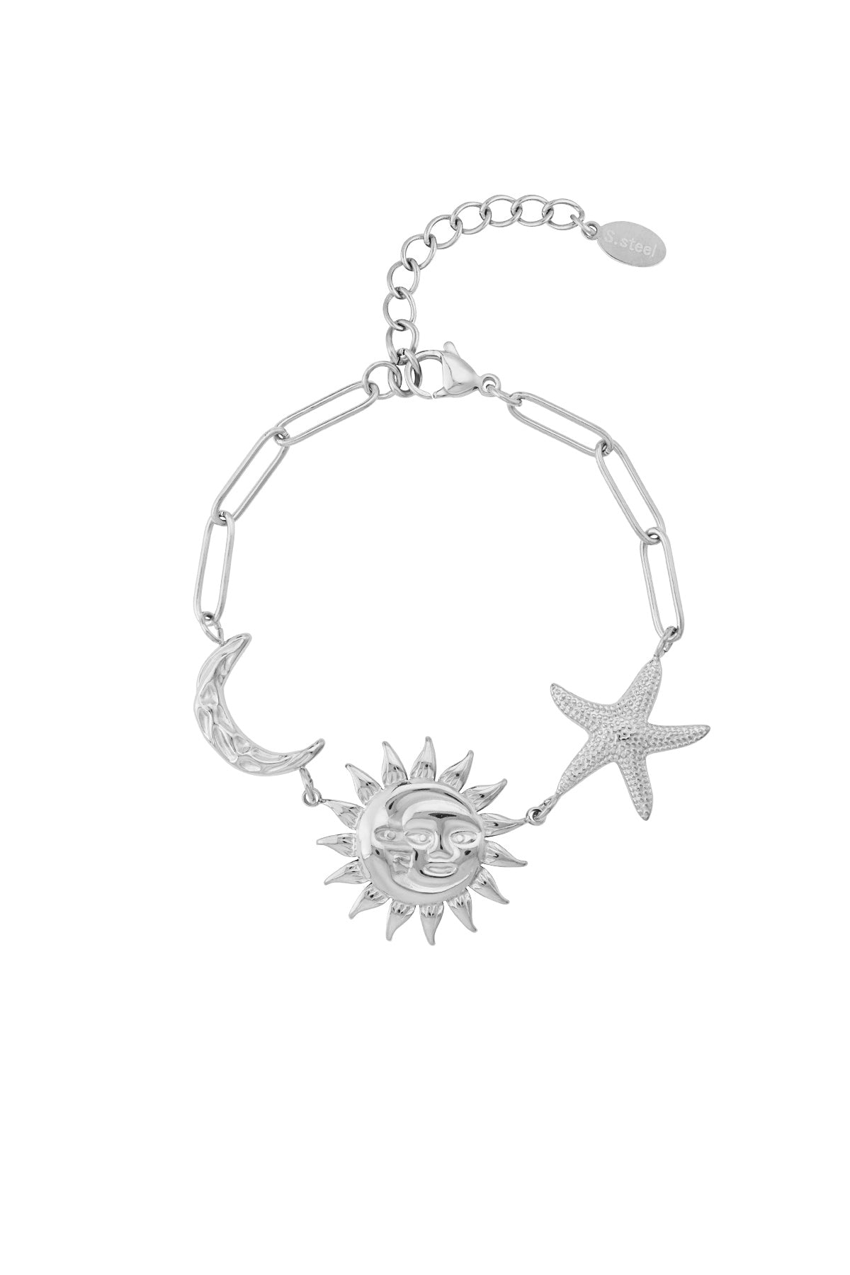 Silver celestial charm bracelet with sun, moon, and star charms displayed on white background