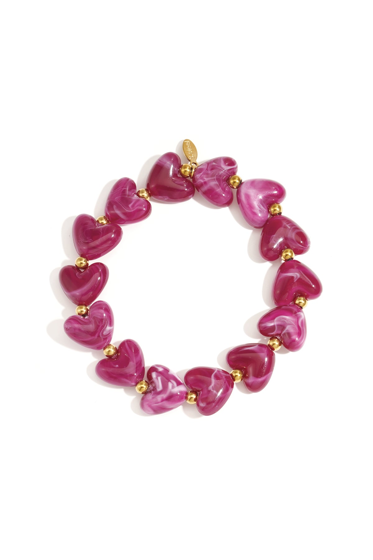 Yellow marbled heart beaded stretch bracelet with gold accent beads on white background