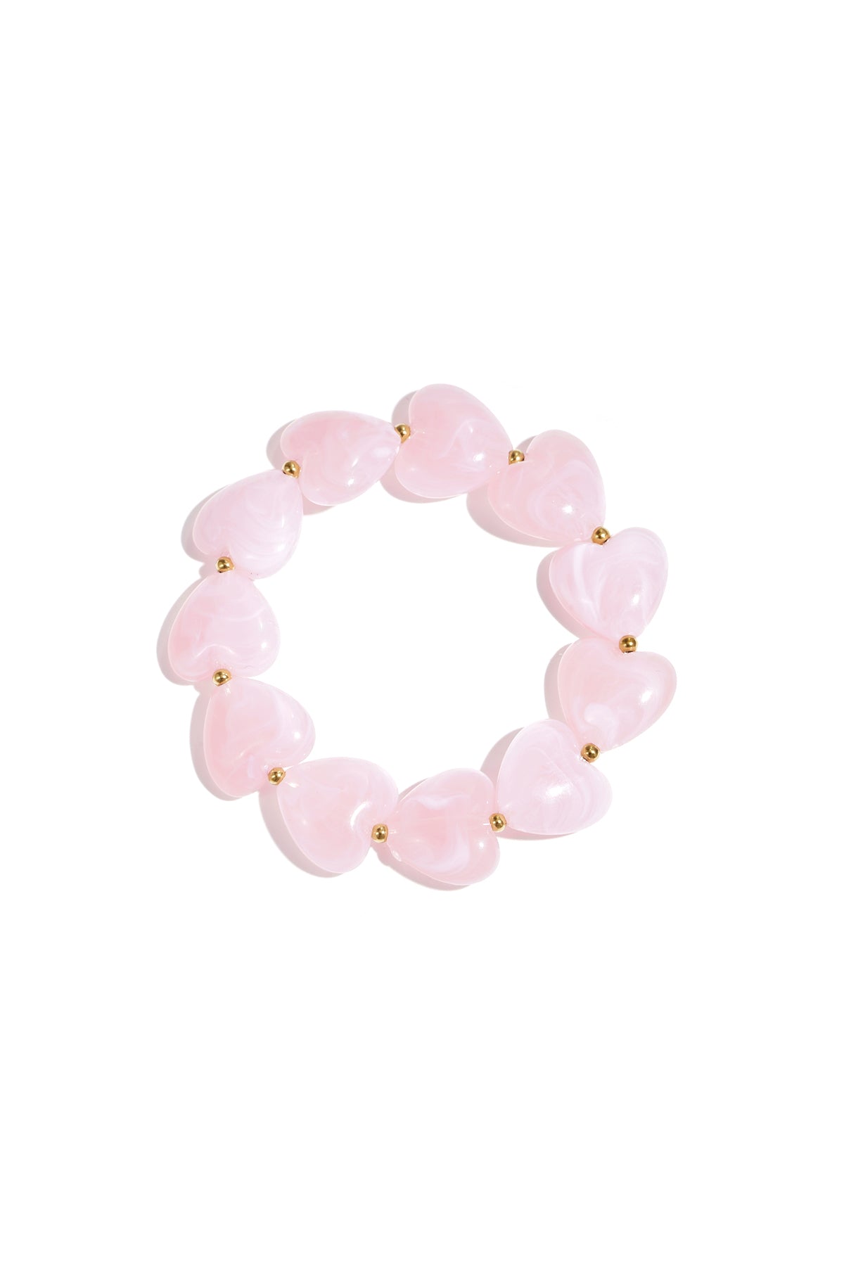 Soft pastel pink marbled heart bead bracelet on white background