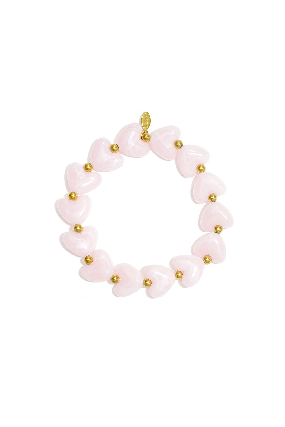 Pink heart beaded stretch bracelet with gold accent beads on white background