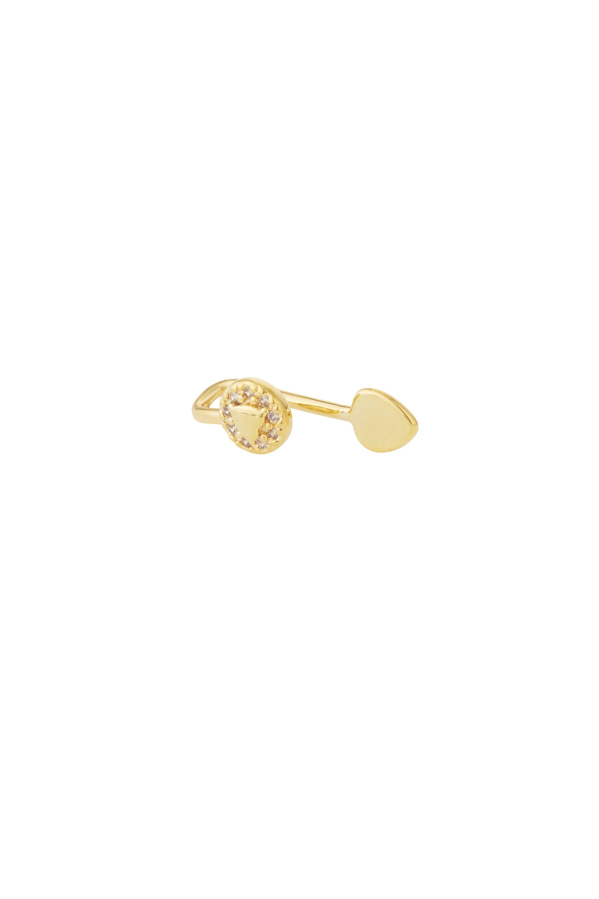 Gold-toned open-ended ear and nose cuff with triangle zircon design and teardrop end on white background