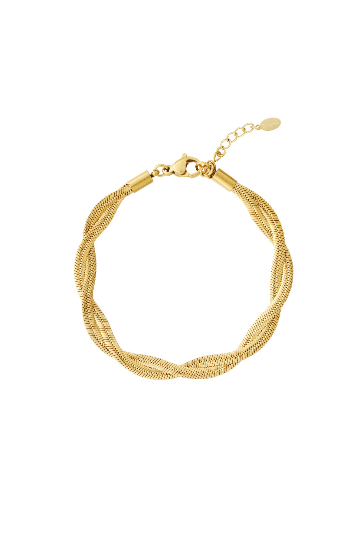 Gold twisted metal chain bracelet with lobster clasp and adjustable extension on white background