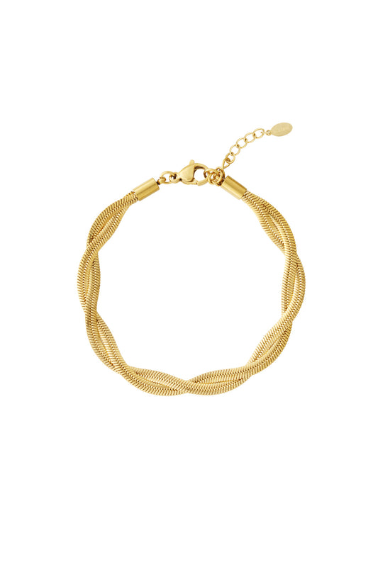 Gold twisted metal chain bracelet with lobster clasp and adjustable extension on white background
