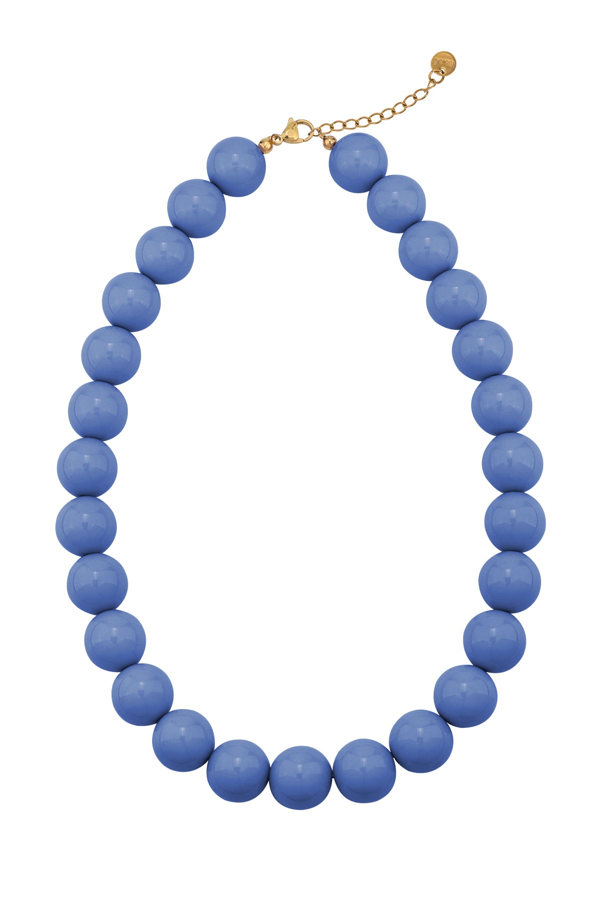 Vibrant chunky necklace featuring large, glossy periwinkle blue spherical beads on a gold-tone adjustable chain.