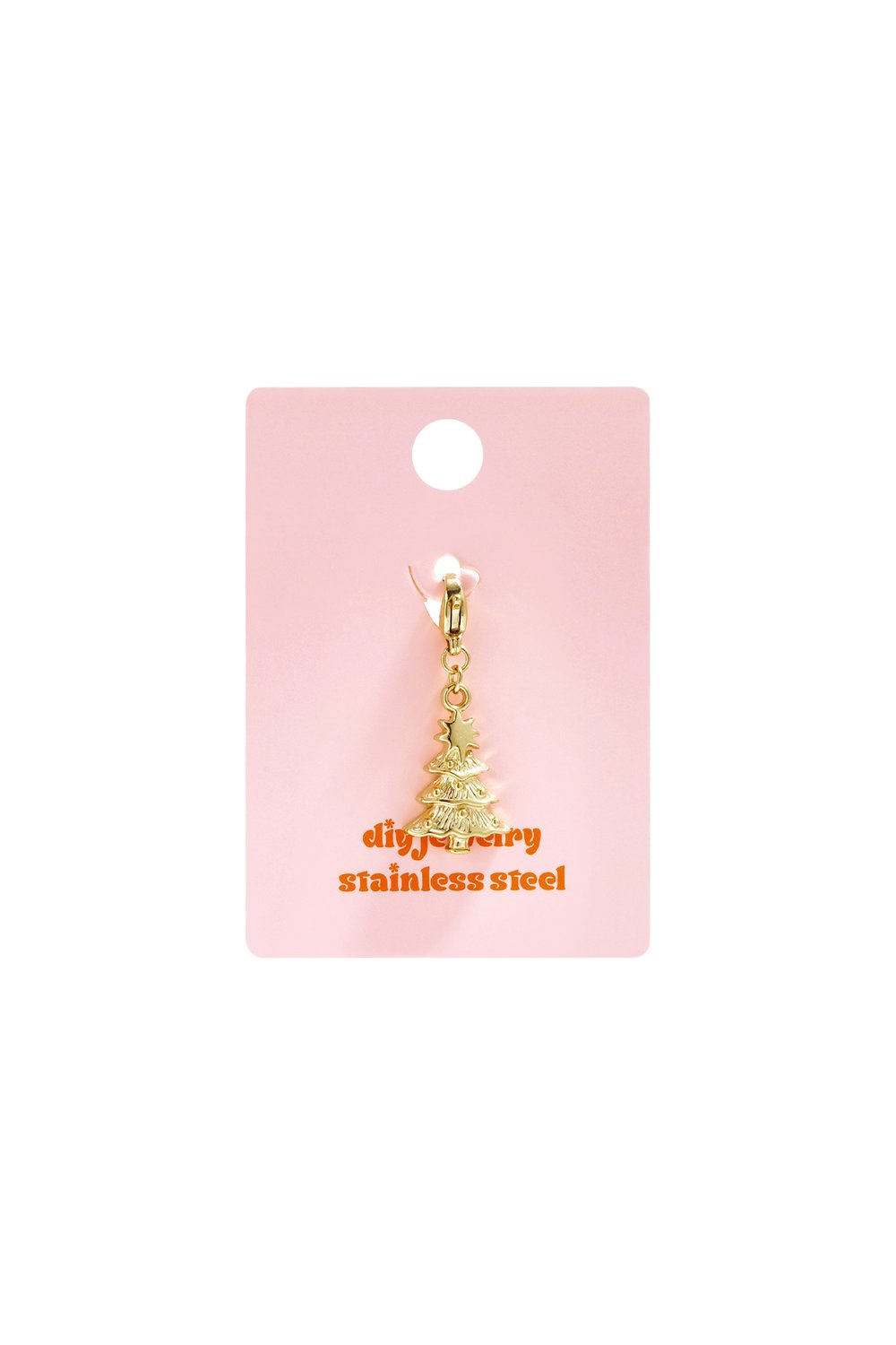 Gold stainless steel Festive Tree charm with a lobster clasp, displayed on a pink backing card.