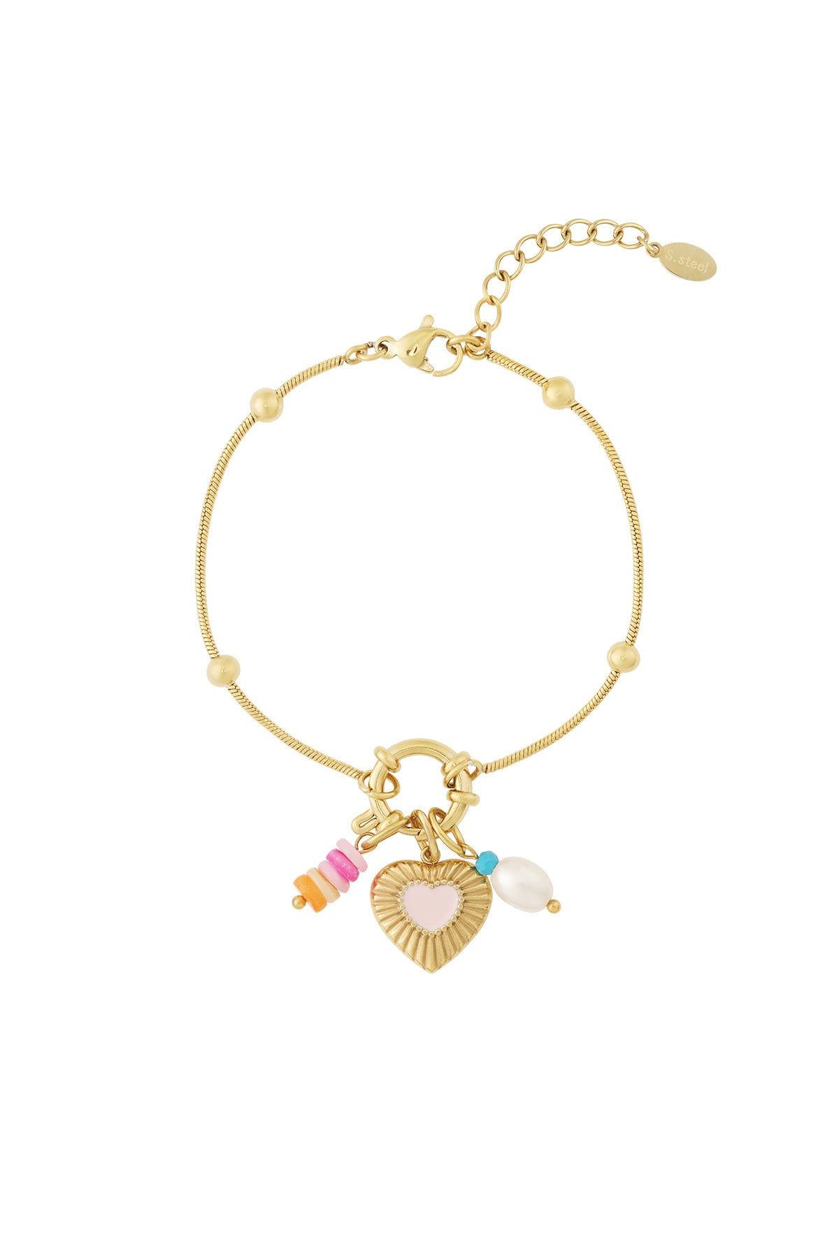 Gold snake chain charm bracelet with five charms attached: pink enamel heart, pearl and turquoise bead charm, hammered gold heart with turquoise enamel, multicolor bead charm, all arranged on a white background