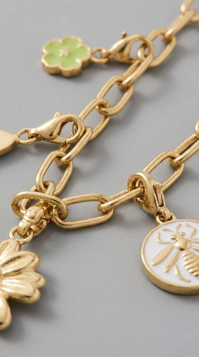 Gold chain necklace with charms including a green flower, a metal flower, and a white coin with a gold bee design.