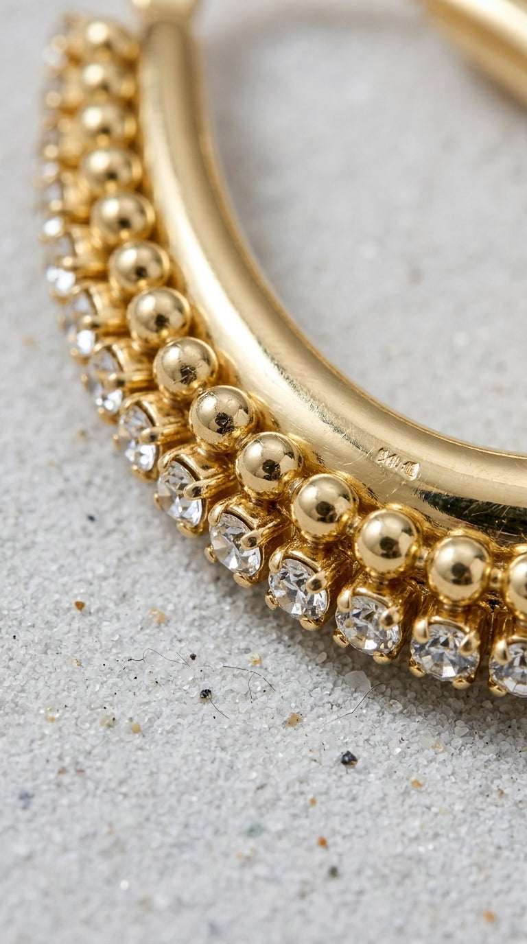 Gold hoop earring with a beaded texture and a row of sparkling clear crystals, resting on a textured light surface.